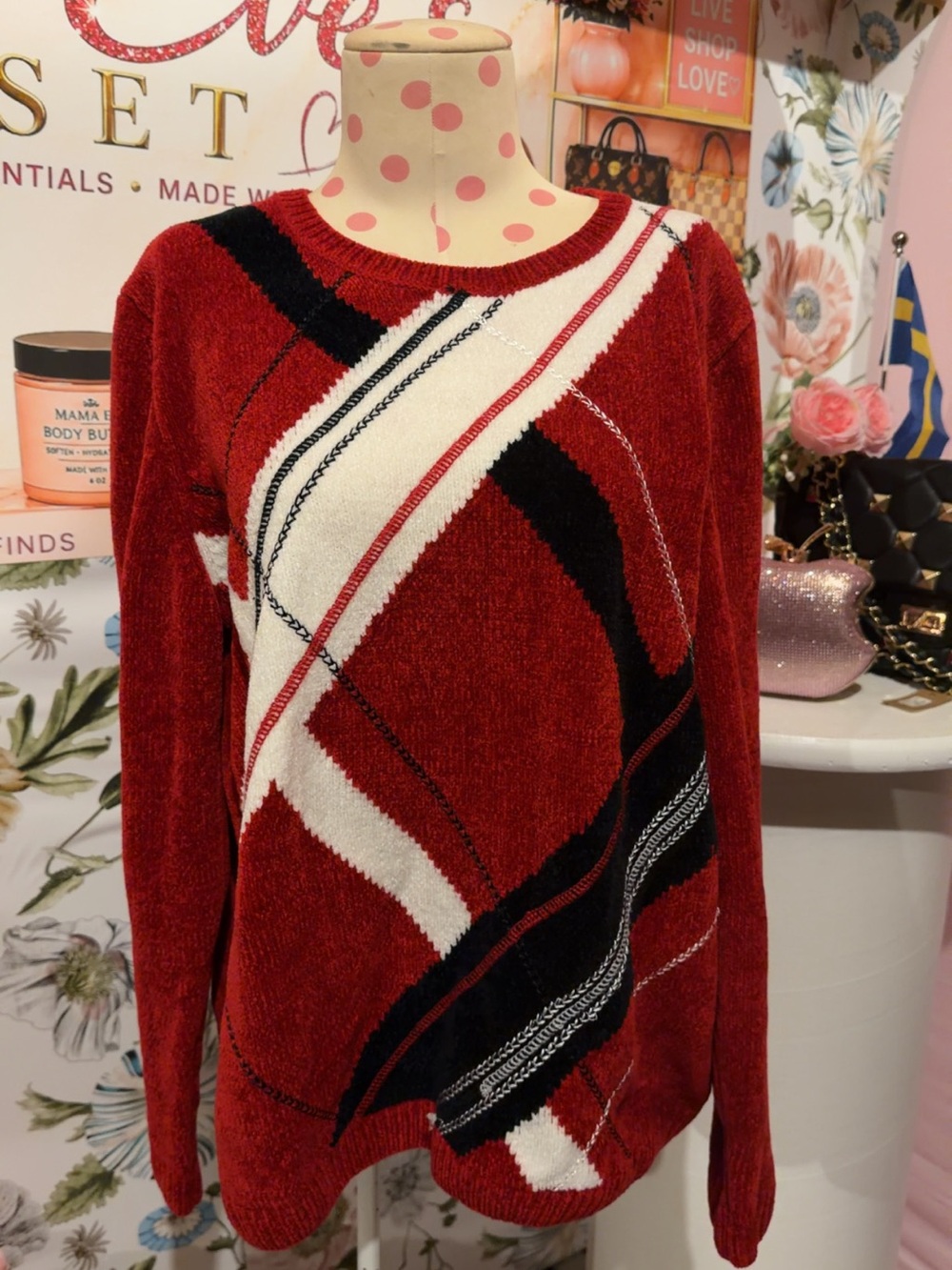 Alfred Dunner Red, White & Black Patterned Crew Neck Sweater